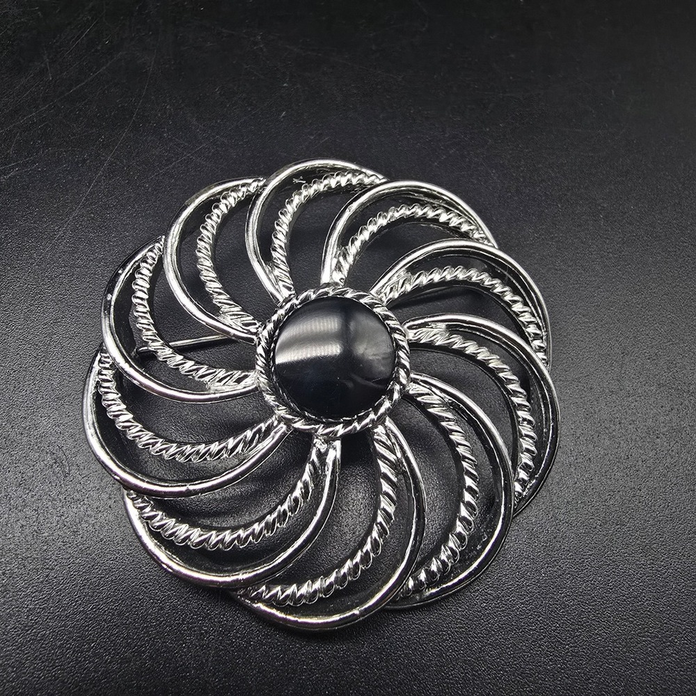 Sarah Coventry Mystic Swirl Brooch Silver Tone Black Vintage Jewelry